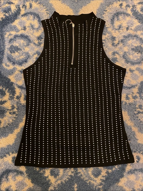 chicme Tops - Black Sleeveless Studded Mock Neck Tank with Front Zip